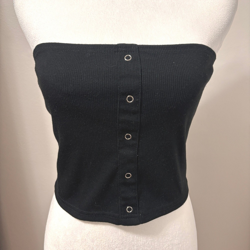 Tube Top Black Ribbed Faux Snap Button Cropped Bandeau Y2K Festival Club‎ Size S